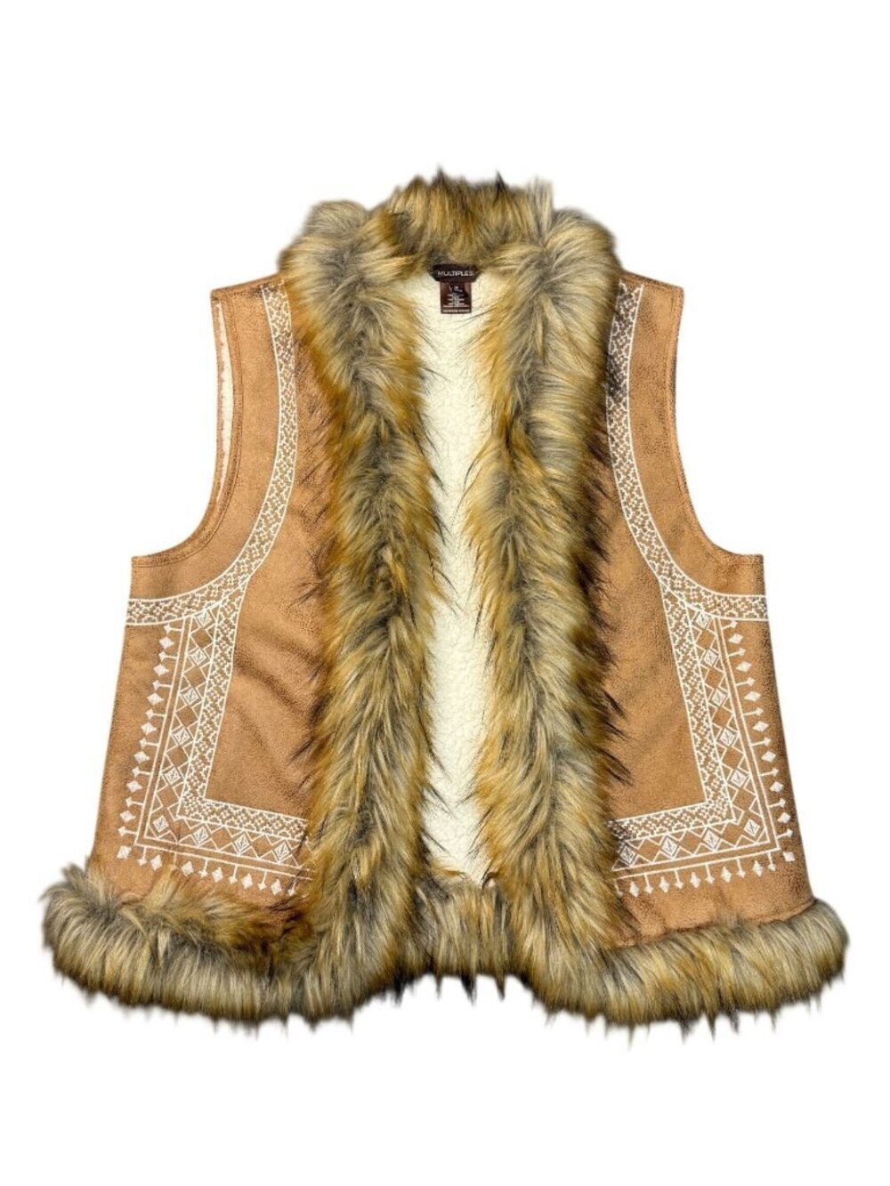 Multiples Faux Fur Embroidered Western Boho Vest Size M